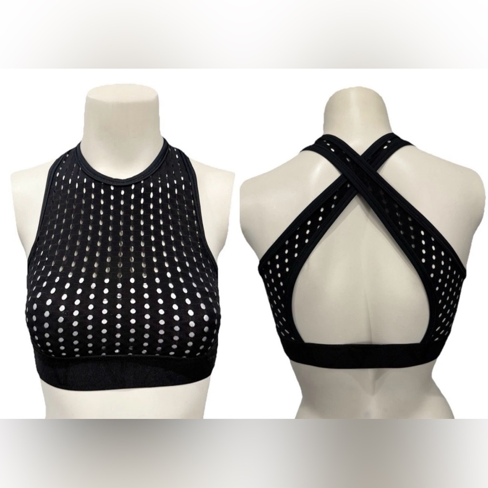 Alala Black Perforated High Neck Criss Cross Back Active Crop Top | XS
